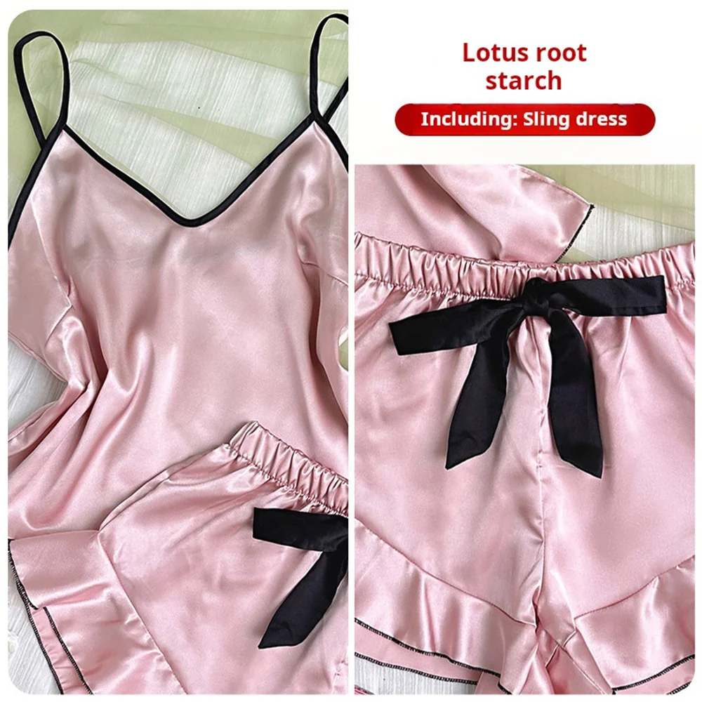 Women's Smooth Satin Pajamas V-Neck T-Shirt Ruffled Edges And Bow Shorts Simple And Breathable Pajama Set Sling Home Clothing - Image 2