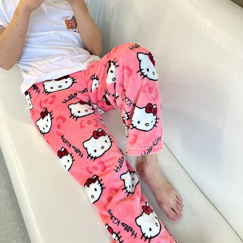 KT Cat Kitty Pajamas Black Anime Flannel Women Warm Woolen Whitecartoon Casual Home Pants Autumn Fashion Trousers Gifts - Image 6