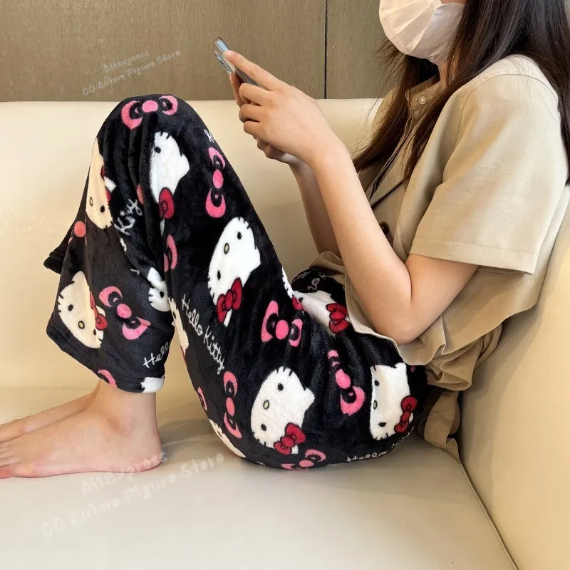 KT Cat Kitty Pajamas Black Anime Flannel Women Warm Woolen Whitecartoon Casual Home Pants Autumn Fashion Trousers Gifts - Image 2