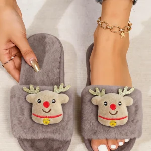 Ladies' Home Slippers Autumn/Winter Christmas Cute Deer Pattern Plush Comfortable Open-Toed Indoor Slippers